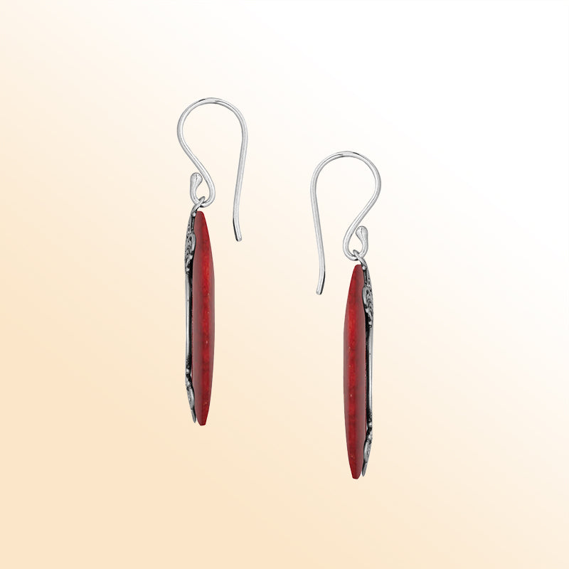 Sterling Silver Red Coral Artistic Cushion Filigree Earrings