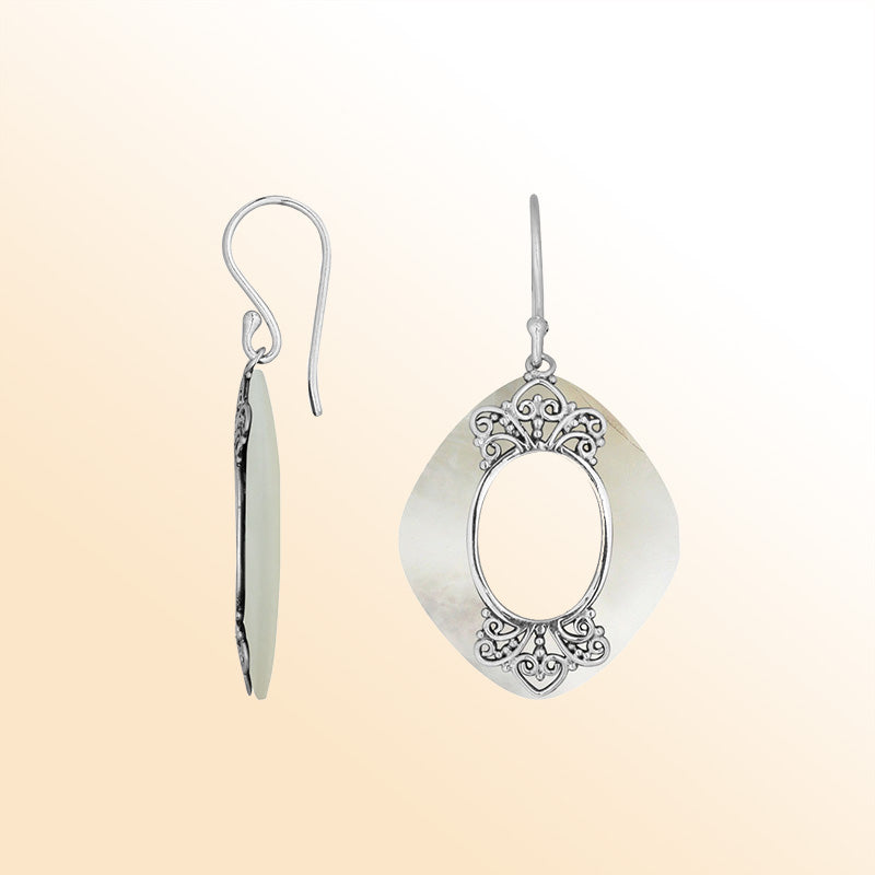 Sterling Silver Mother Of Pearl Artistic Cushion Filigree Earrings