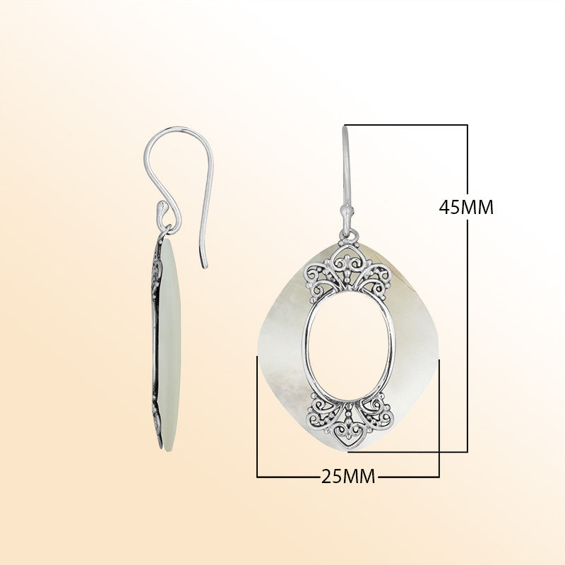 Sterling Silver Mother Of Pearl Artistic Cushion Filigree Earrings