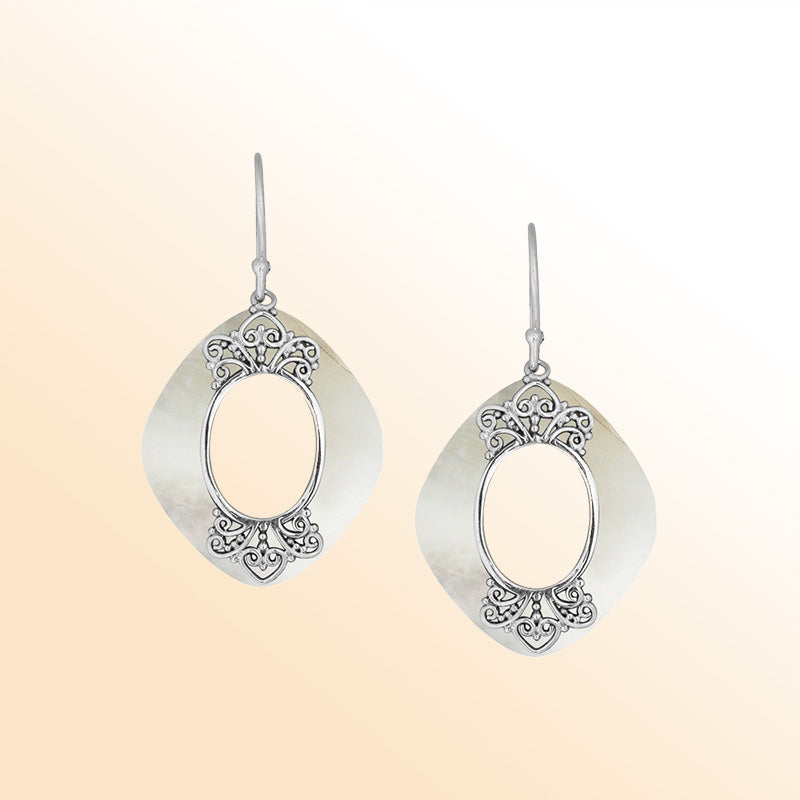 Sterling Silver Mother Of Pearl Artistic Cushion Filigree Earrings