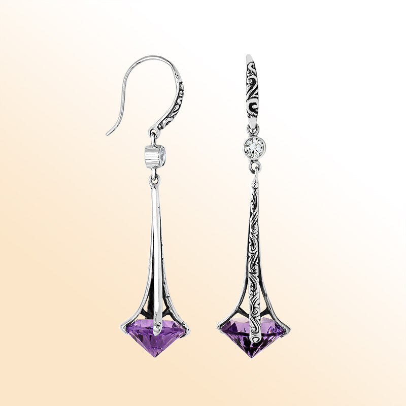 Artistic Silver Amethyst Quartz Dangle Earrings