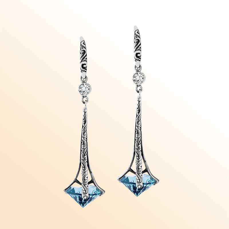 Artistic Silver Blue Topaz Quartz Dangle Earrings