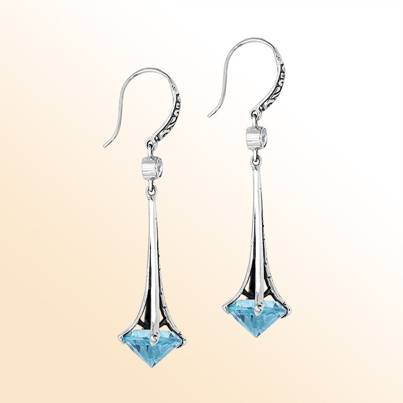 Artistic Silver Blue Topaz Quartz Dangle Earrings