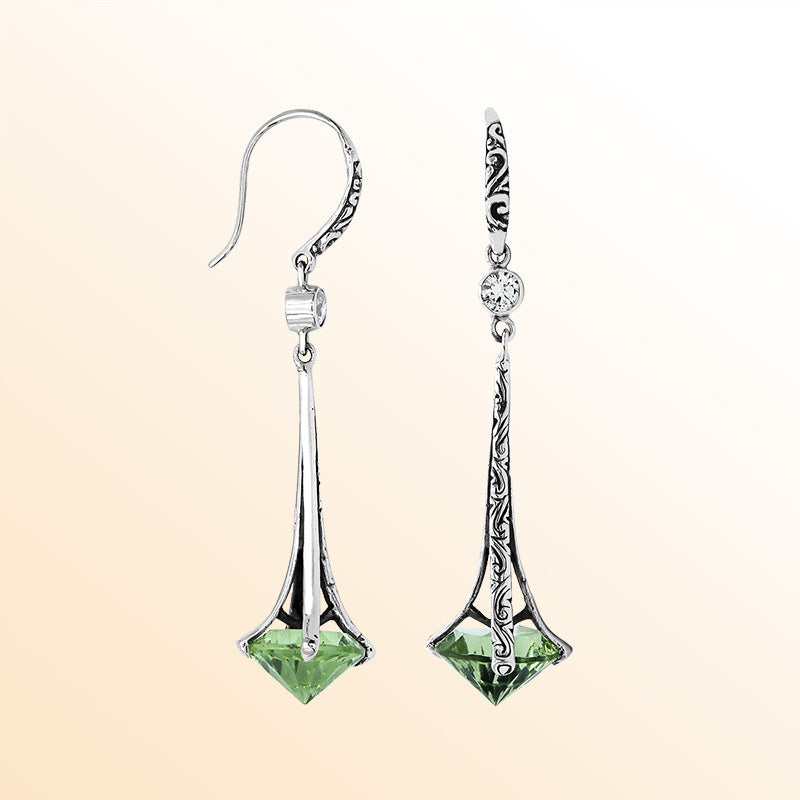 Sterling Silver Artistic Dangle Earrings With Green Amethyst Quartz