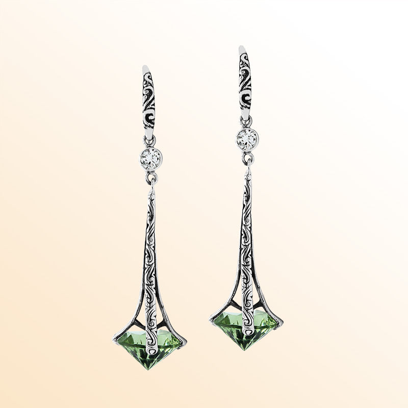 Sterling Silver Artistic Dangle Earrings With Green Amethyst Quartz