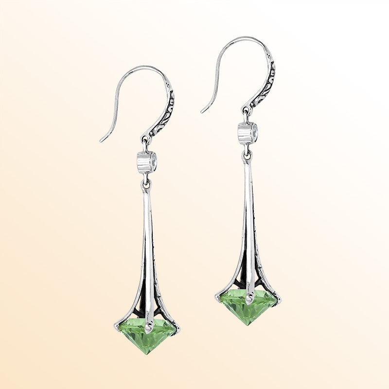 Sterling Silver Artistic Dangle Earrings With Green Amethyst Quartz