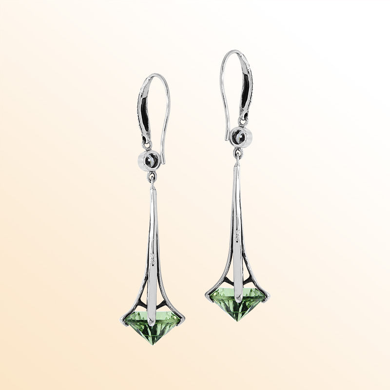 Sterling Silver Artistic Dangle Earrings With Green Amethyst Quartz