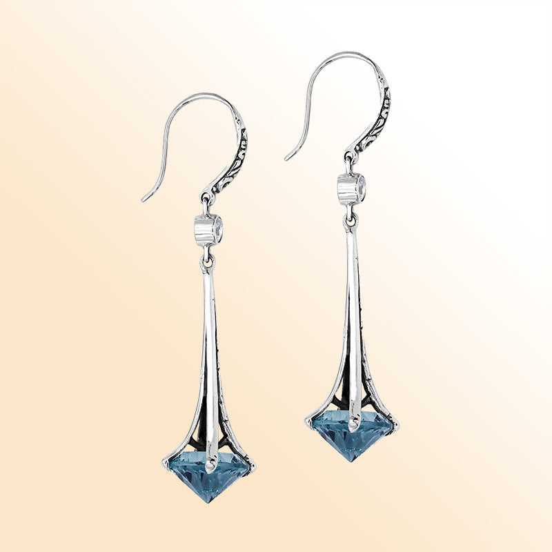 Sterling Silver Artistic Dangle Earrings With London Blue Topaz QuartzSterling Silver Artistic Dangle Earrings With London Blue Topaz Quartz