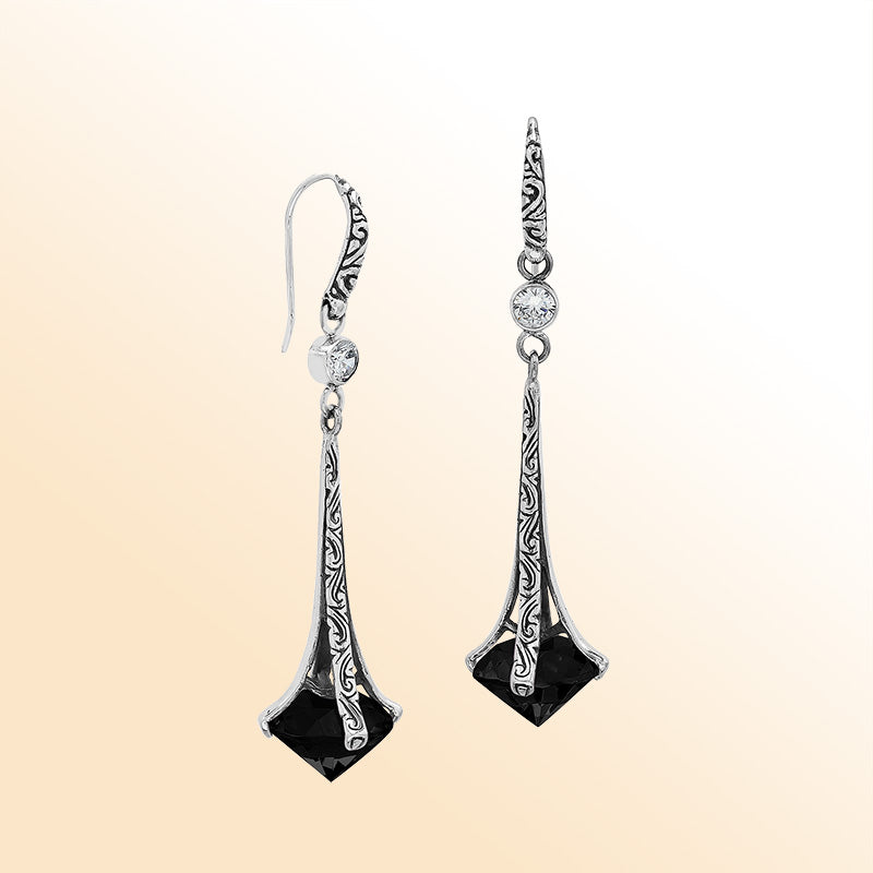 Sterling Silver Artistic Dangle Earrings With Black Onyx