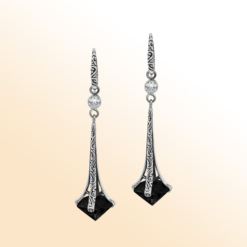 Sterling Silver Artistic Dangle Earrings With Black Onyx
