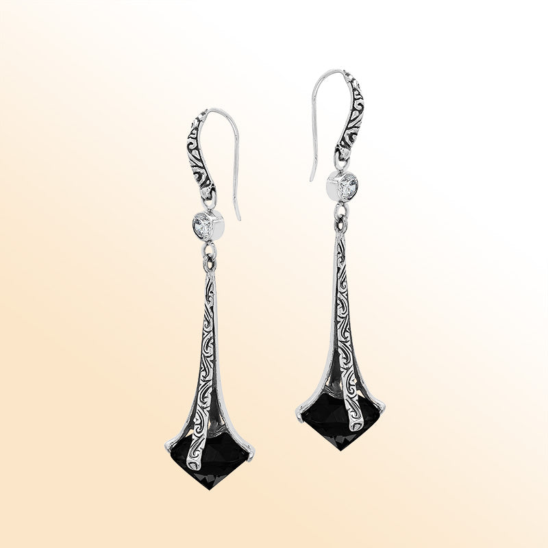 Sterling Silver Artistic Dangle Earrings With Black Onyx