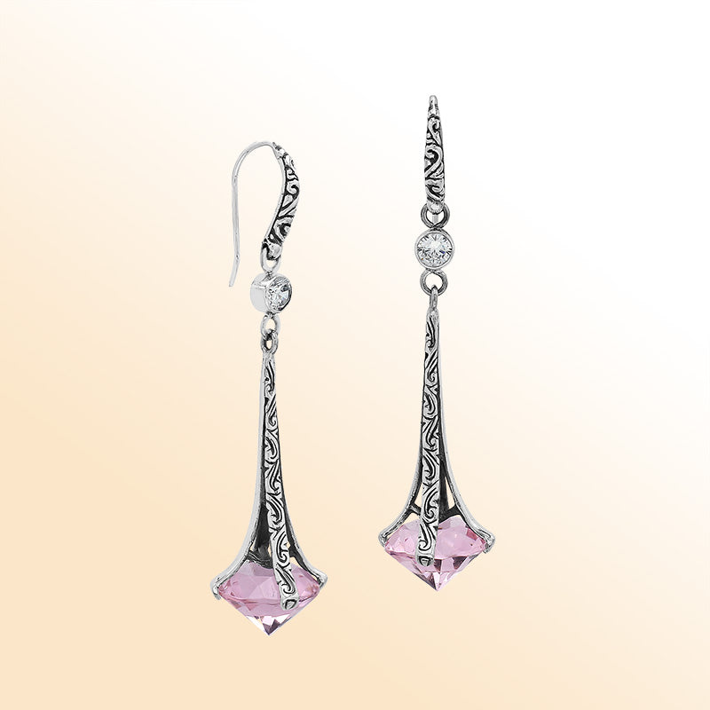 Sterling Silver Artistic Dangle Earrings With Pink Quartzb