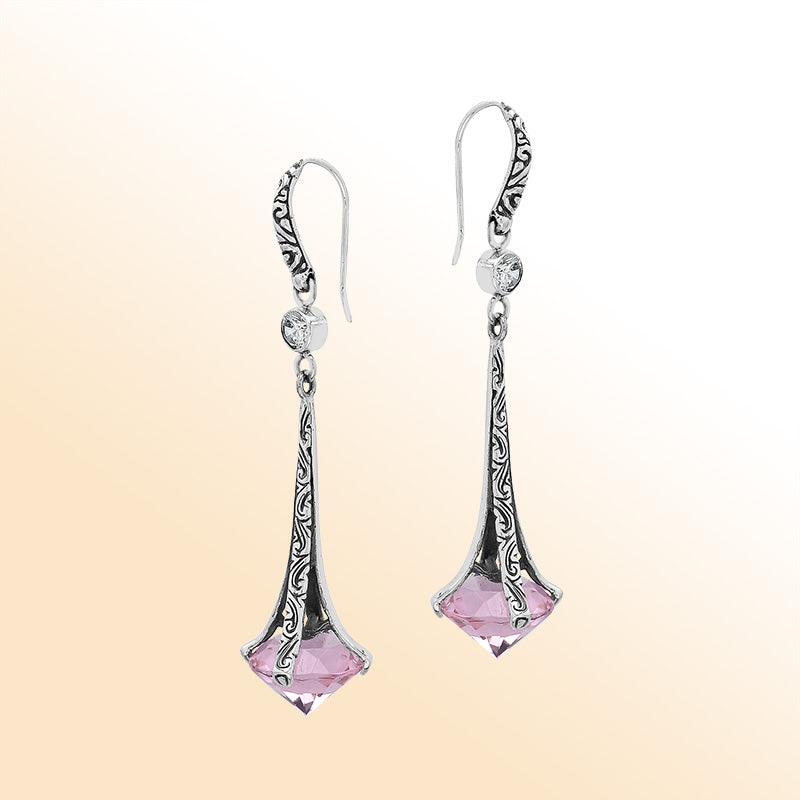 Sterling Silver Artistic Dangle Earrings With Pink Quartz