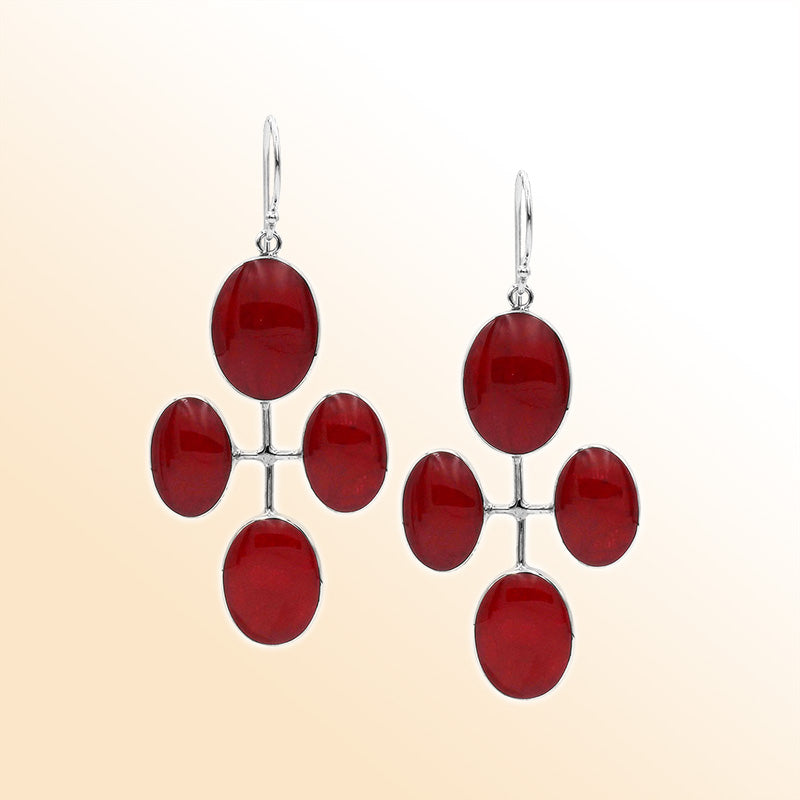Sterling Silver Artistic Multi-Oval Earrings With Red Coral