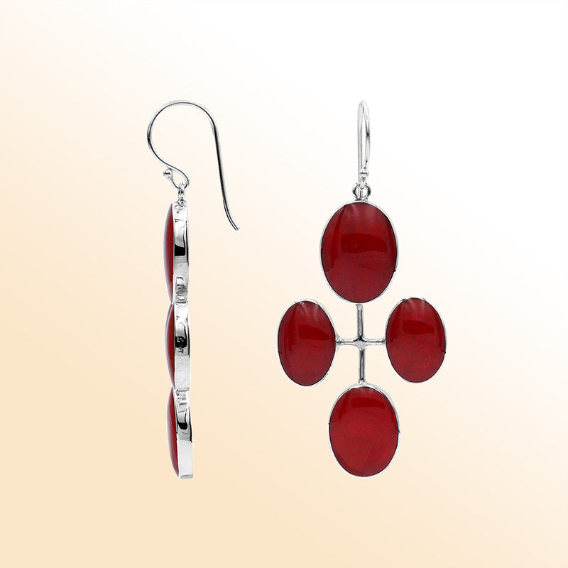 Sterling Silver Artistic Multi-Oval Earrings With Red Coral