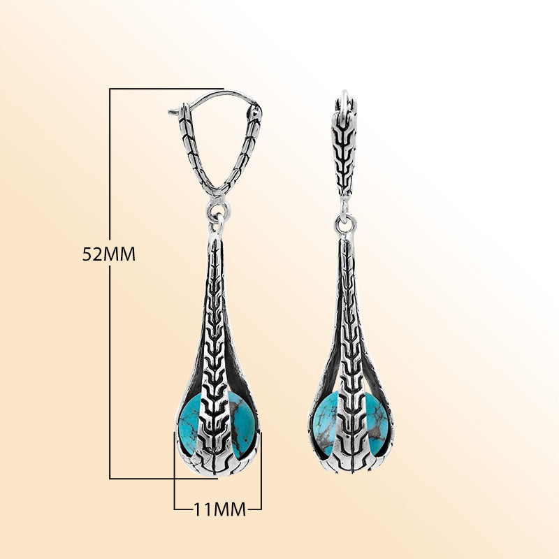 Sterling Silver Bali Handcrafted Drop Earrings With Turquoise Shell And Oxidized Silver Detailing