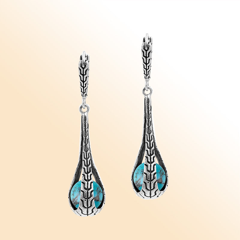 Sterling Silver Bali Handcrafted Drop Earrings With Turquoise Shell And Oxidized Silver Detailing