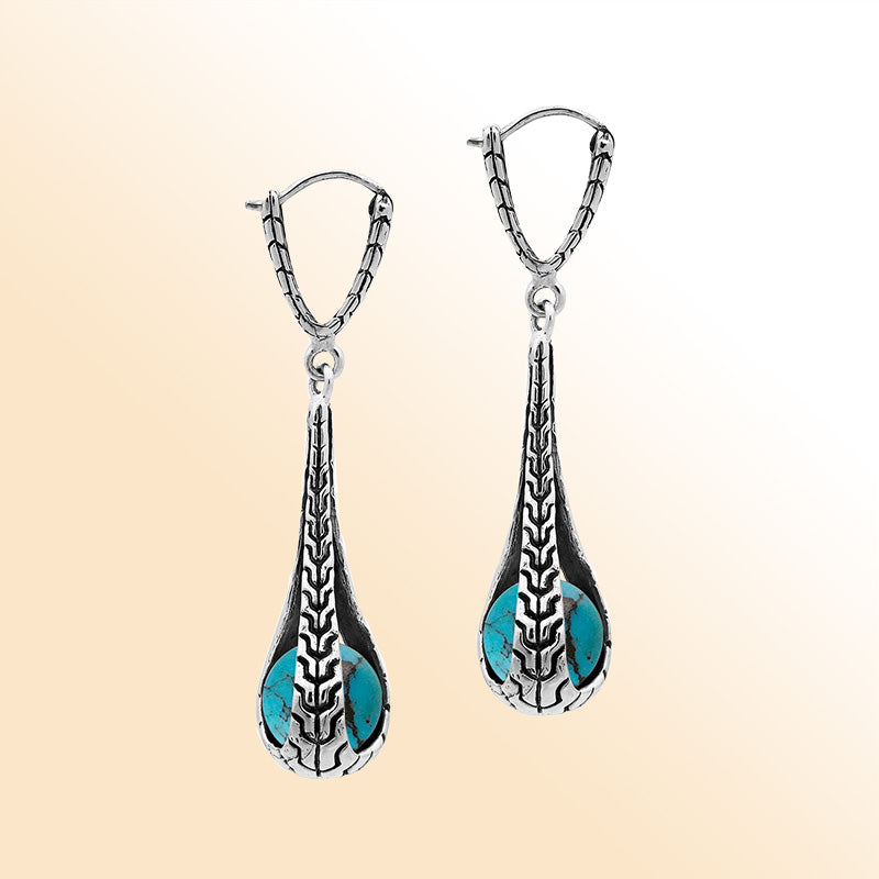 Sterling Silver Bali Handcrafted Drop Earrings With Turquoise Shell And Oxidized Silver Detailing