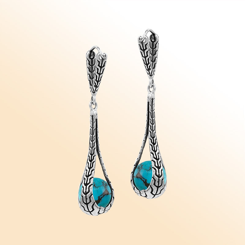 Sterling Silver Bali Handcrafted Drop Earrings With Turquoise Shell And Oxidized Silver Detailing