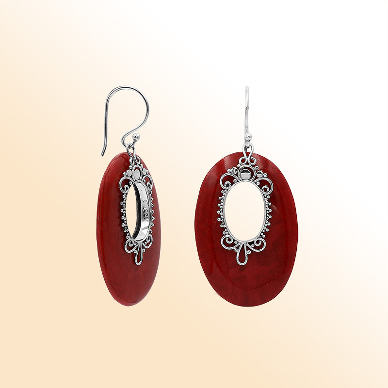 Sterling Silver Artistic Oval Earrings With Red Coral
