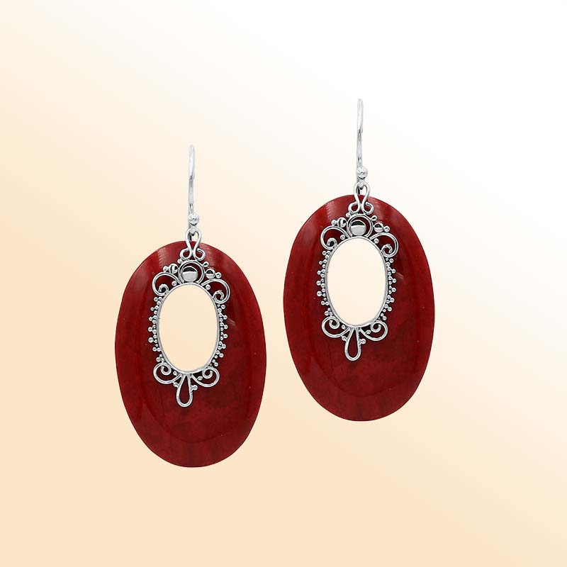 Sterling Silver Artistic Oval Earrings With Red Coral
