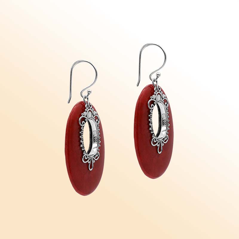 Sterling Silver Artistic Oval Earrings With Red Coral