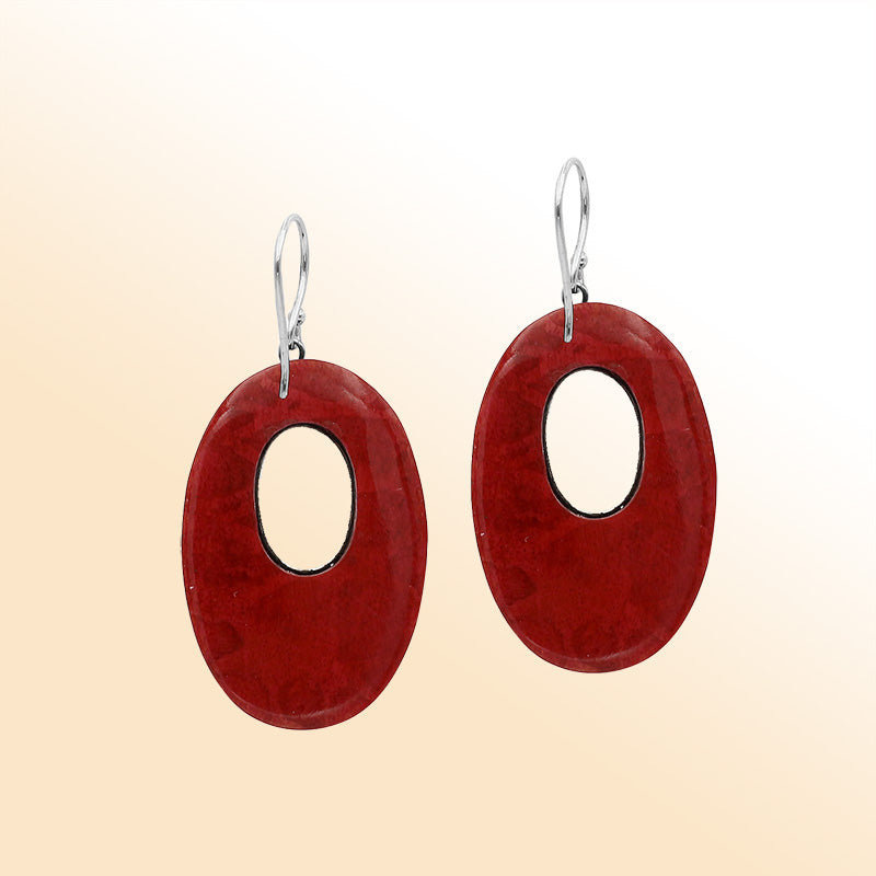 Sterling Silver Artistic Oval Earrings With Red Coral