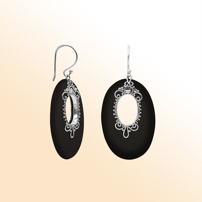 Sterling Silver Artistic Oval Earrings With Black Shell