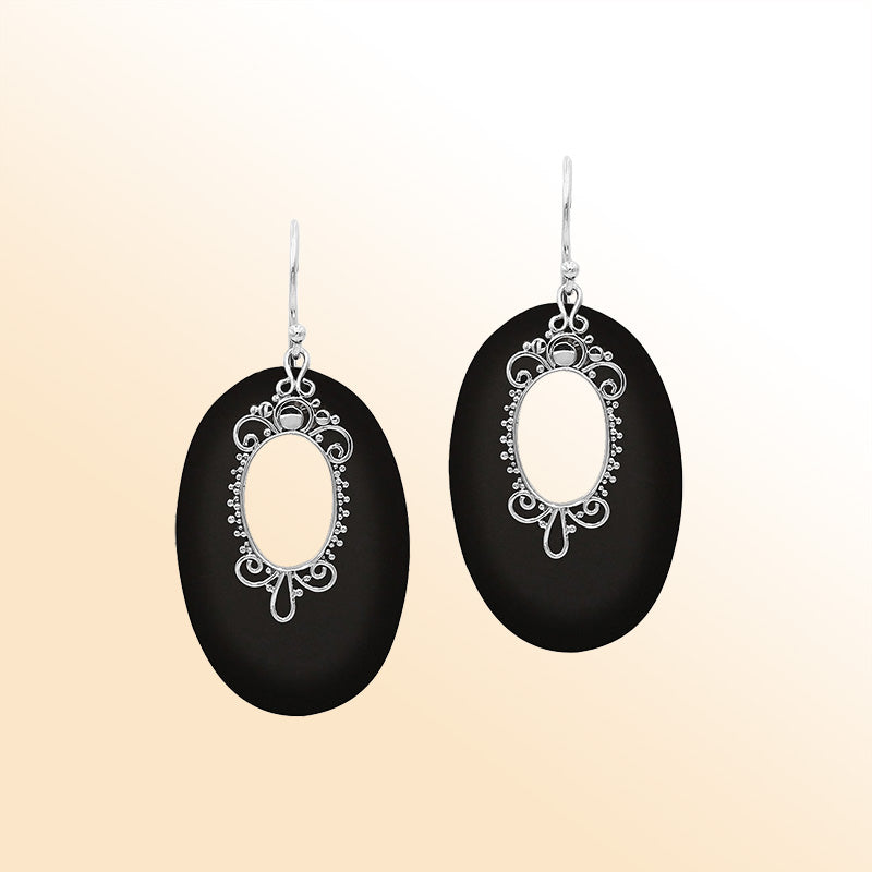 Sterling Silver Artistic Oval Earrings With Black Shell