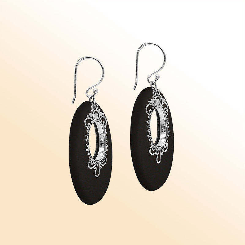 Sterling Silver Artistic Oval Earrings With Black Shell
