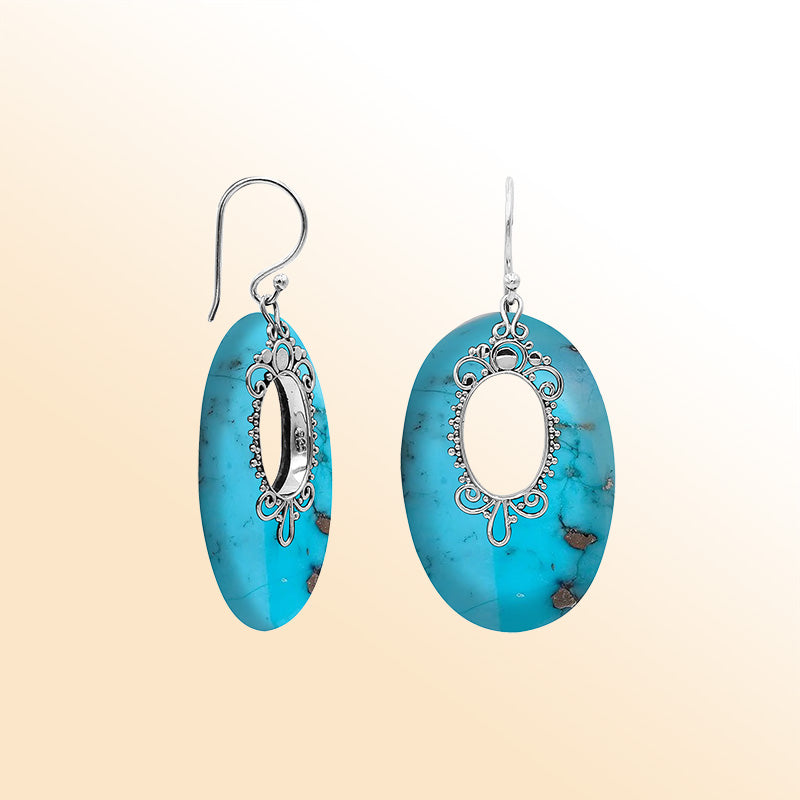 Sterling Silver Artistic Oval Earrings With Turquoise Shell