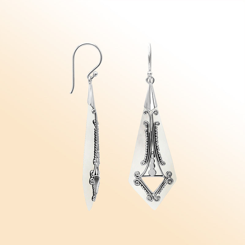 Artistic elongated earrings with Mother Of Pearl and scroll accents