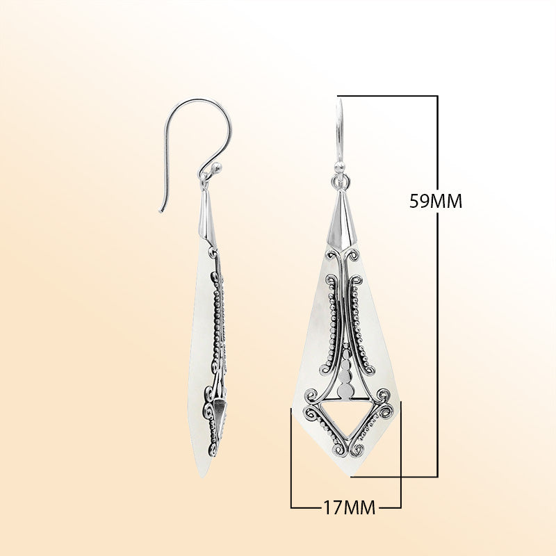 Artistic elongated earrings with Mother Of Pearl and scroll accents