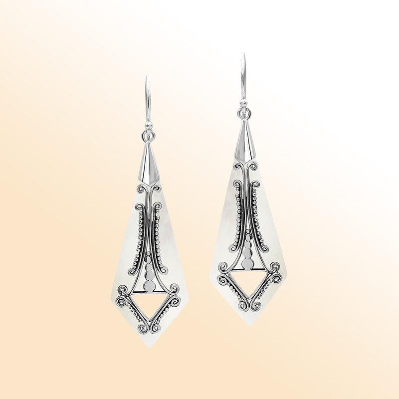 Artistic elongated earrings with Mother Of Pearl and scroll accents