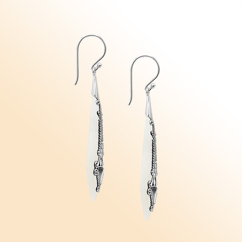 Artistic elongated earrings with Mother Of Pearl and scroll accents