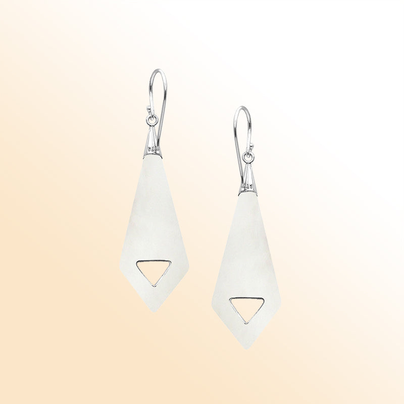 Artistic elongated earrings with Mother Of Pearl and scroll accents