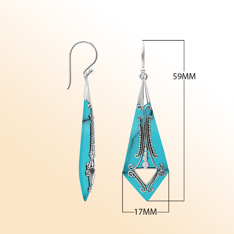 Artistic elongated earrings with Turquoise Shell and silver scroll accents