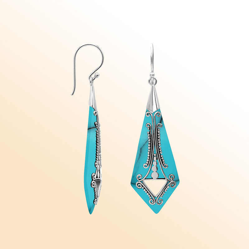 Artistic elongated earrings with Turquoise Shell and silver scroll accents