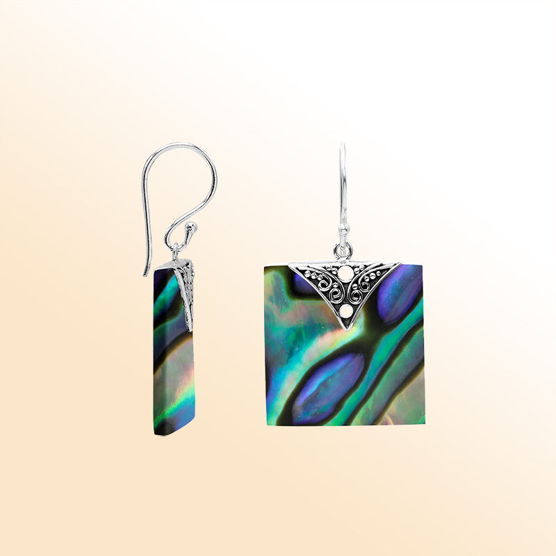Artistic square earrings with Abalone Shell and silver accent detail