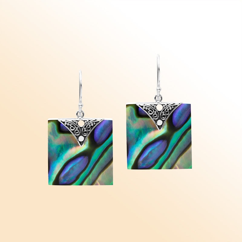Artistic square earrings with Abalone Shell and silver accent detail