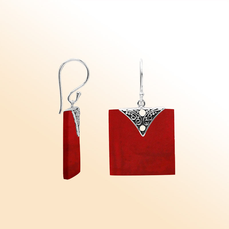 Artistic square earrings with Red Coral and silver accent detail