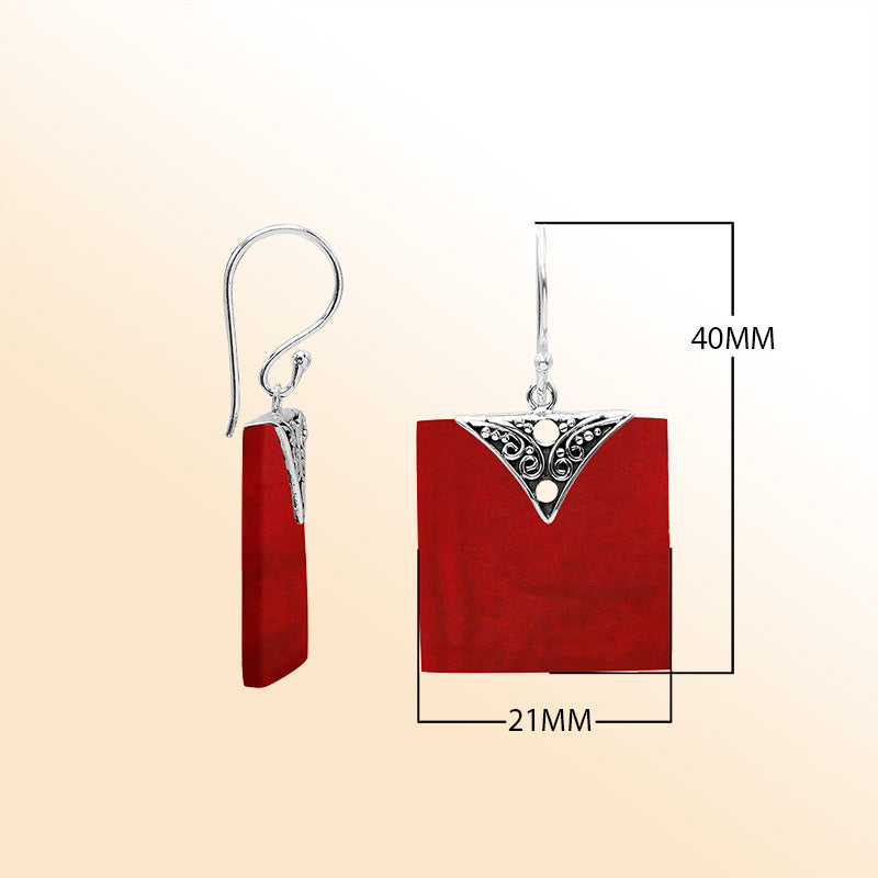 Artistic square earrings with Red Coral and silver accent detail