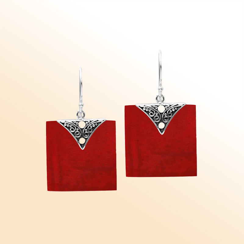 Artistic square earrings with Red Coral and silver accent detail