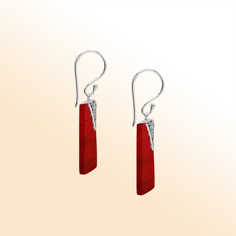 Artistic square earrings with Red Coral and silver accent detail