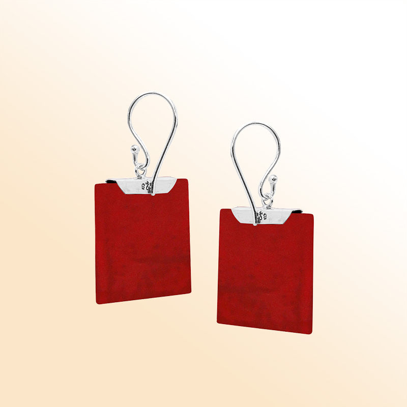 Artistic square earrings with Red Coral and silver accent detail