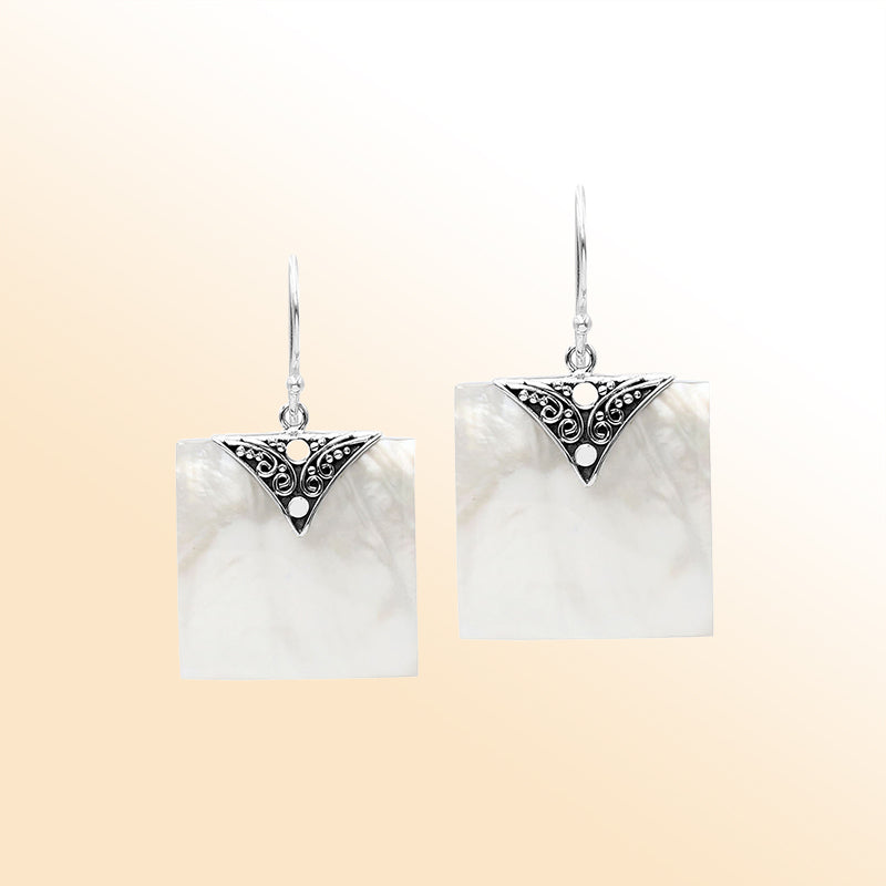 Artistic square earrings with Mother Of Pearl and silver accent