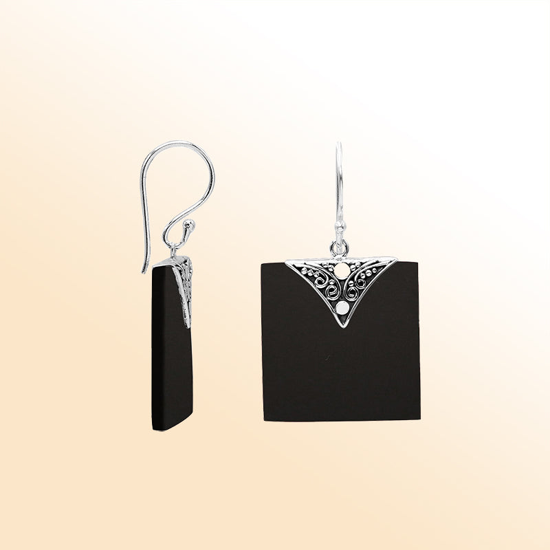 Artistic square earrings with Black Shell and silver accent detailing