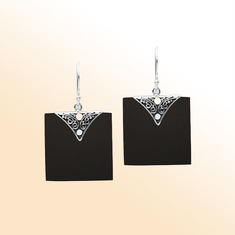 Artistic square earrings with Black Shell and silver accent detailing