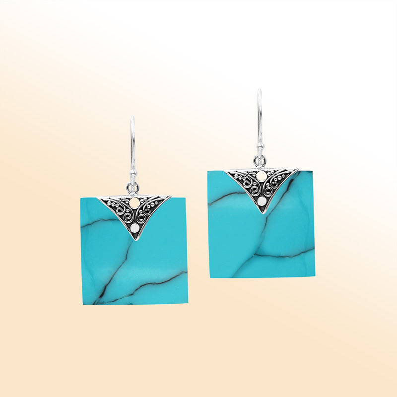 Artistic square earrings with Turquoise Shell and silver detailing
