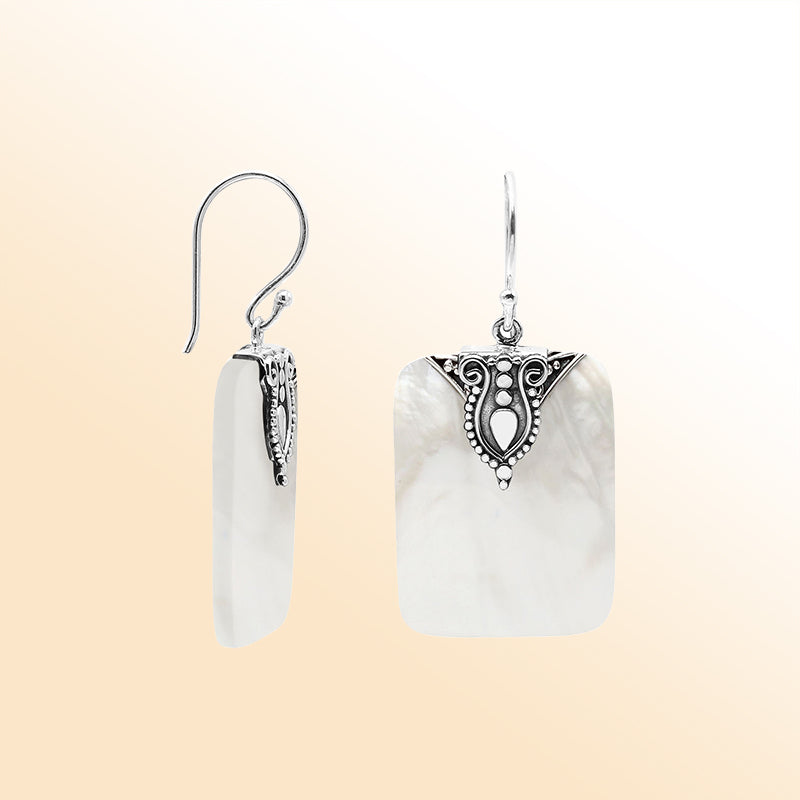 Artistic Mother Of Pearl rectangle earrings with silver crest